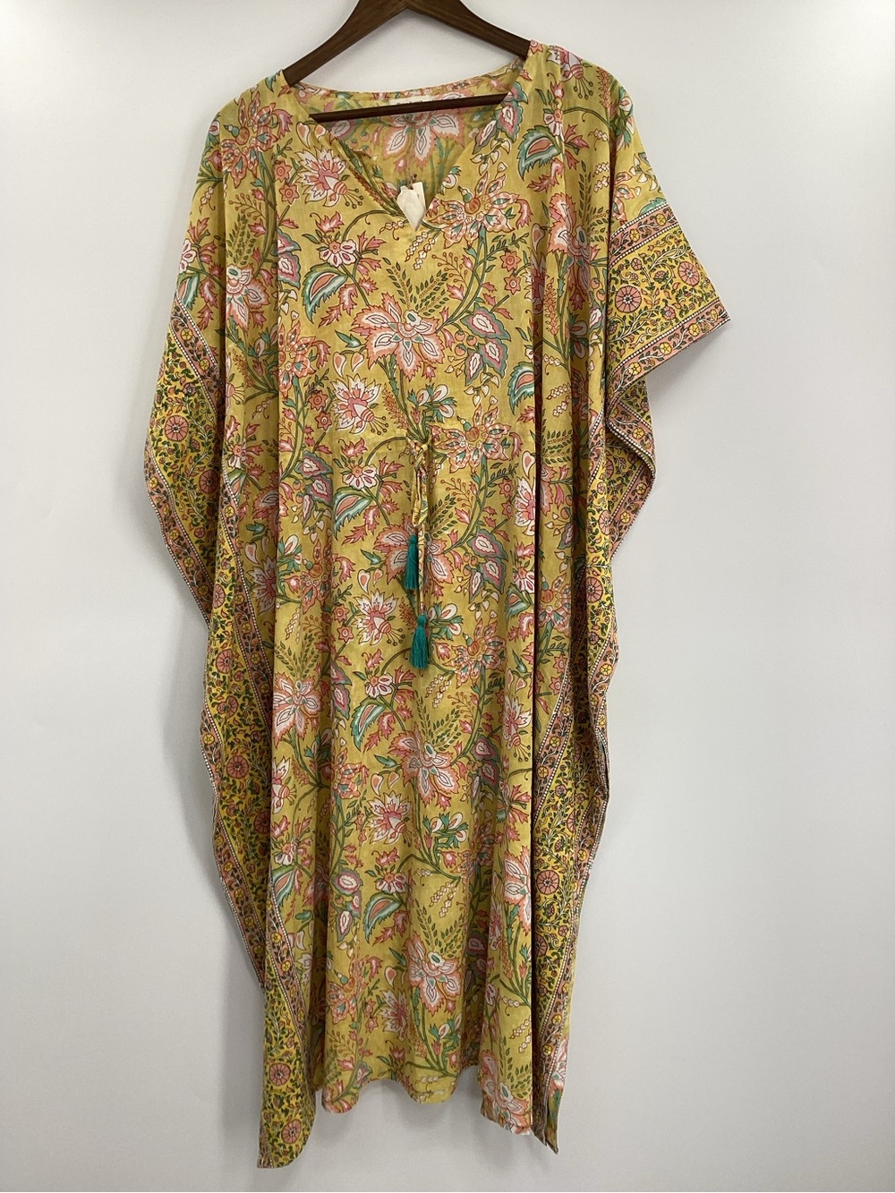 Cost Plus World Market Yellow Floral Boho Caftan Dress